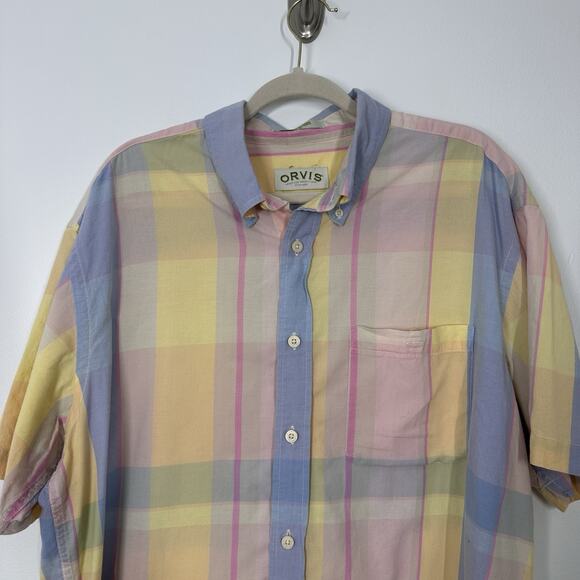 Orvis Mens XL Cotton Pastel Easter Short Sleeve Button Down Shirt Spring Casual - Picture 2 of 4
